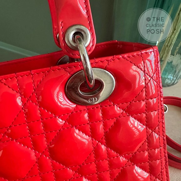 ❌SOLD❌EUC Christian Dior Lady Medium Patent Red Orange Silver HW - Picture 15 of 16